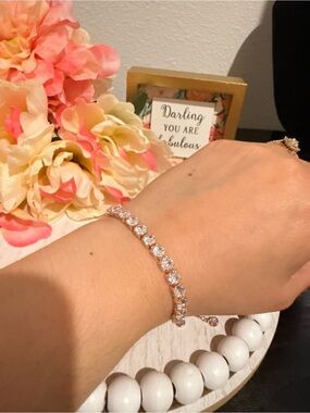 Rose Gold Tone Adjustable Tennis Bracelet Clear Crystal CZ Look Slider Bracelet